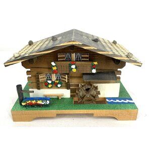 Cuendet Swiss Chalet Music Box Wooden House Edelweiss Water Wheel Turns